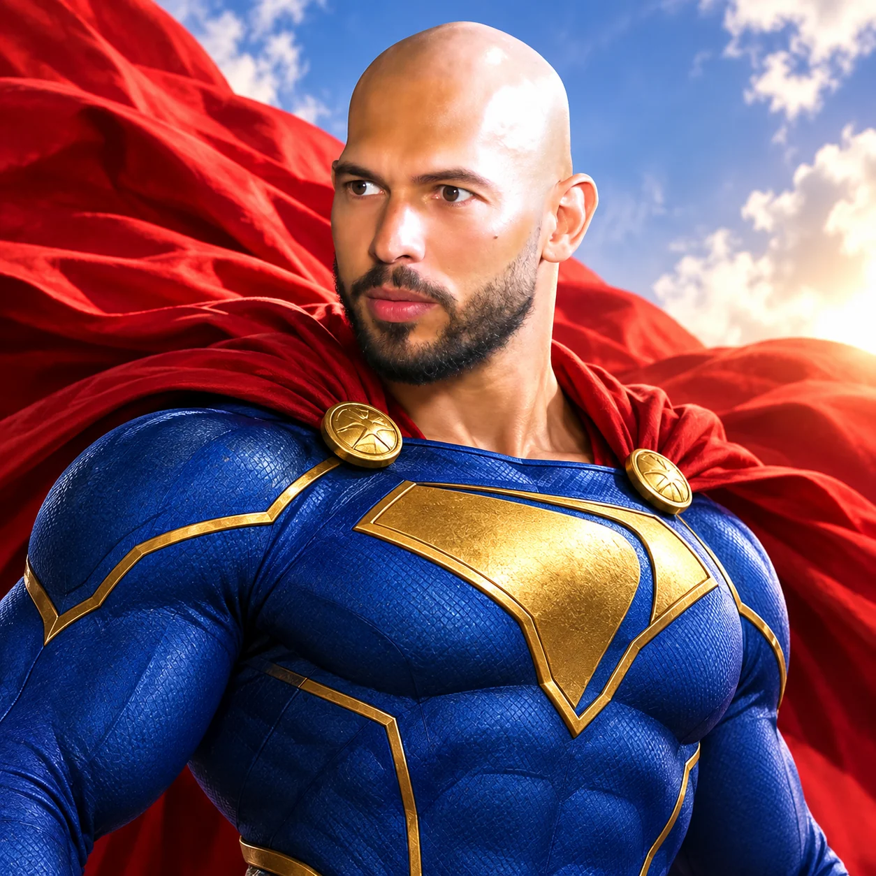 Super Tate in a blue and gold hero suit with a flowing red cape